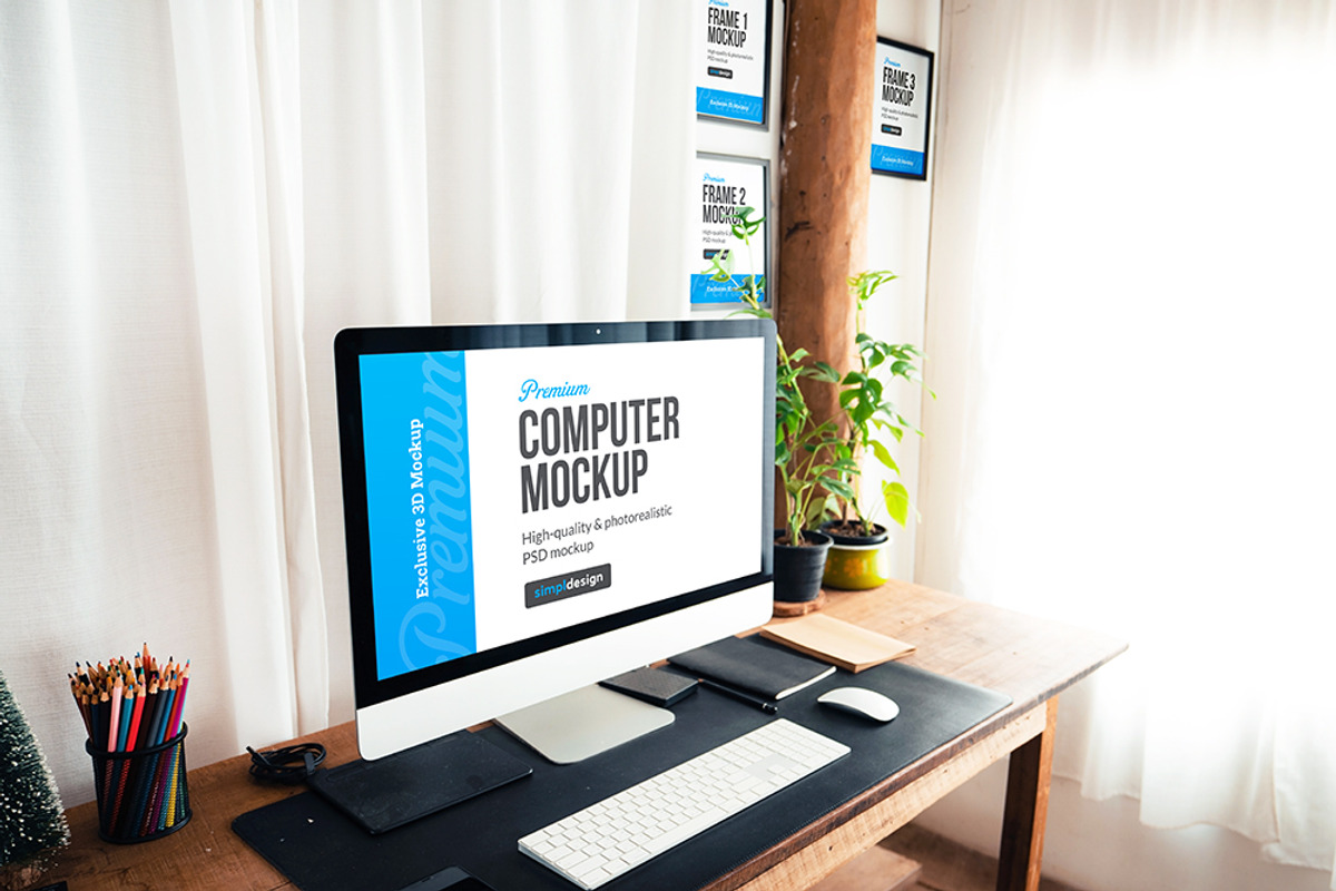 iMac Desk & Poster Frame Mockup, a Mockup by SimplDesign (Photo 5 of 11)