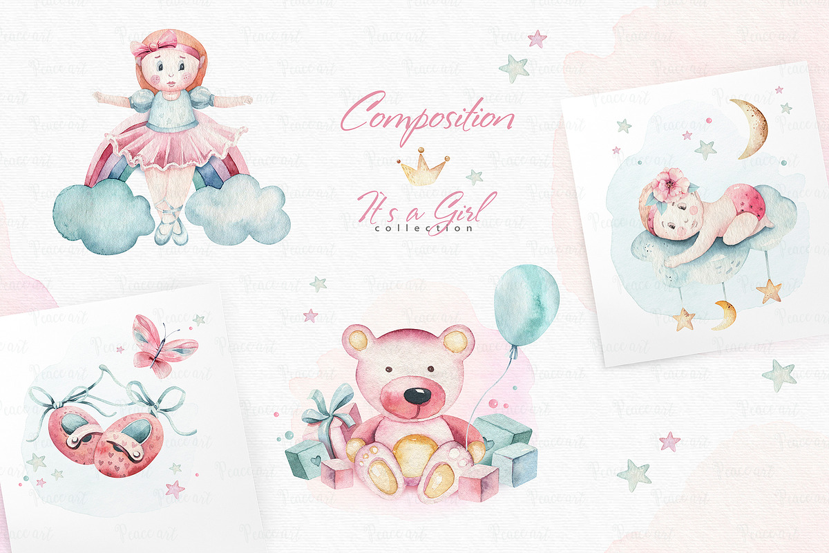 Baby girl watercolor collection, a Decorative Illustration by Peace ART