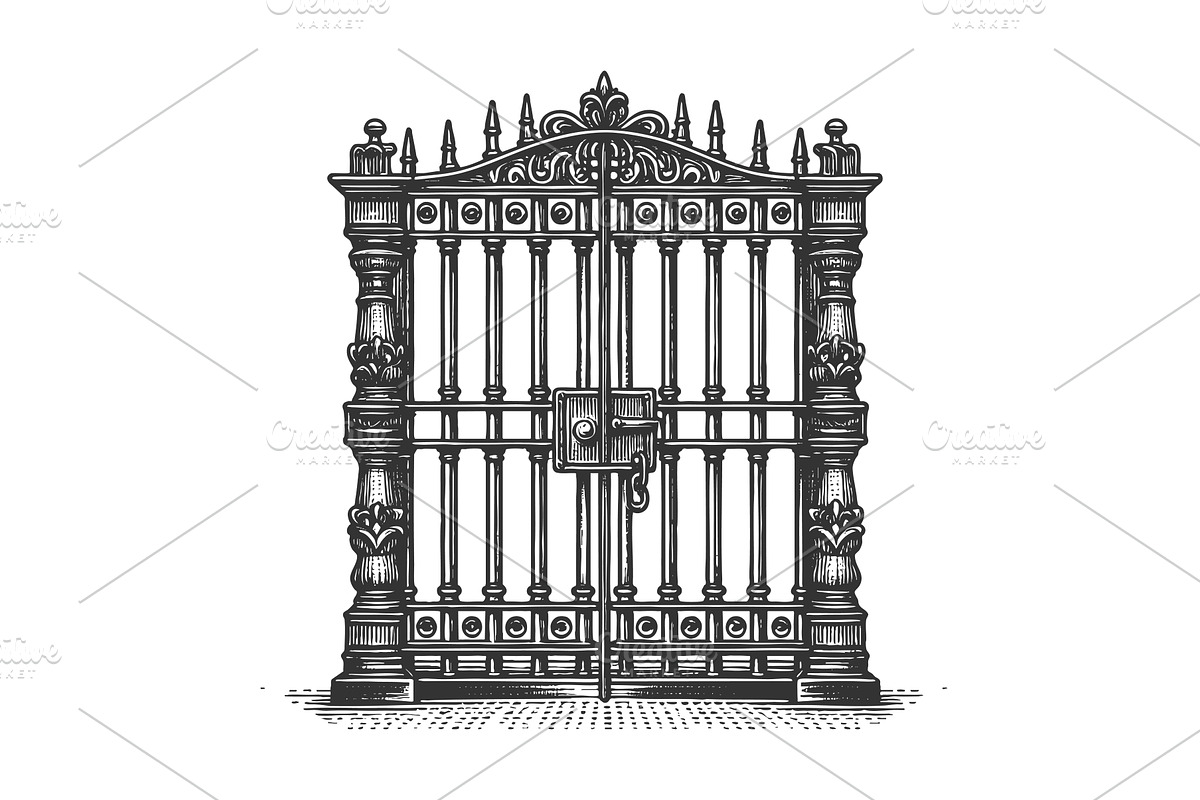 Ornate Locked Iron Gate engraving, an Object Illustration by AlexArt