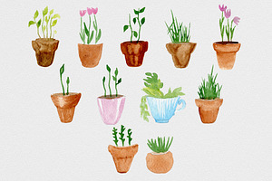 Watercolor Plants In Pots