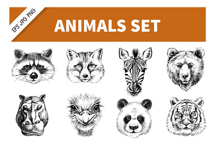 Hand Drawn Sketch Animals Portraits
