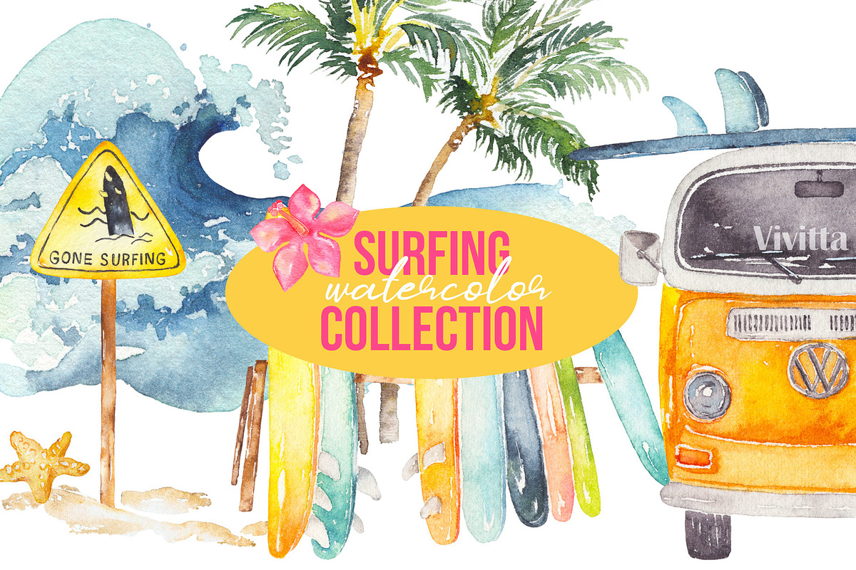 Surfing watercolor clipart set, an Illustration by Vivitta (Photo 1 of 9)