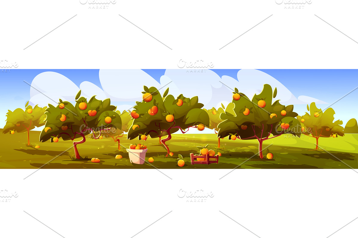 Sunny cartoon orchard landscape with, an Object Illustration by art PVP - market
