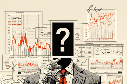 Businessman with question mark head in front of stock market charts, an Illustration by AS photostudio