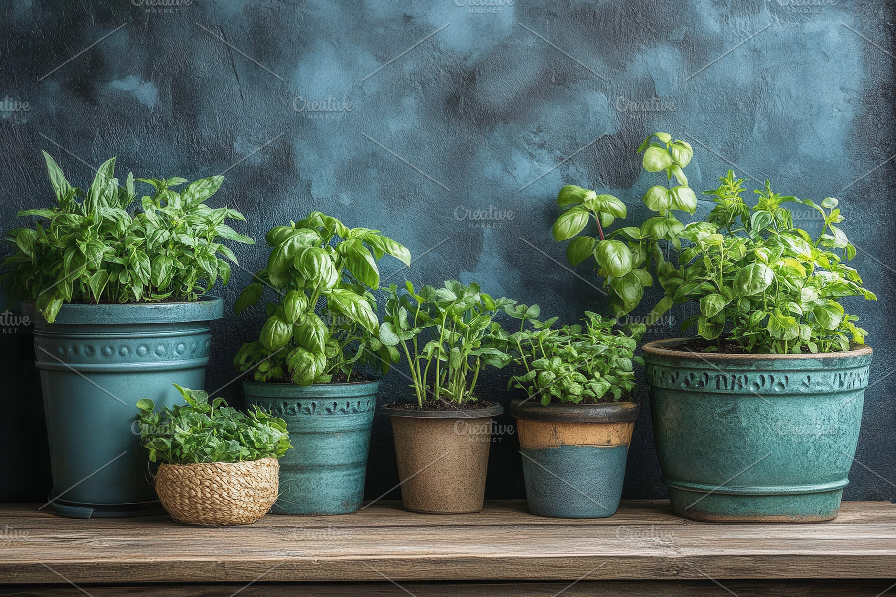 Variety of potted herbs on wooden sh, a Photo by Tanuart