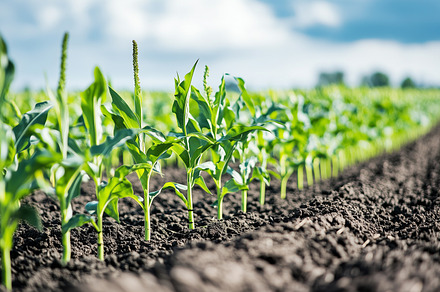 Young corn plants grow in rows, a Nature Photo by MistyDay