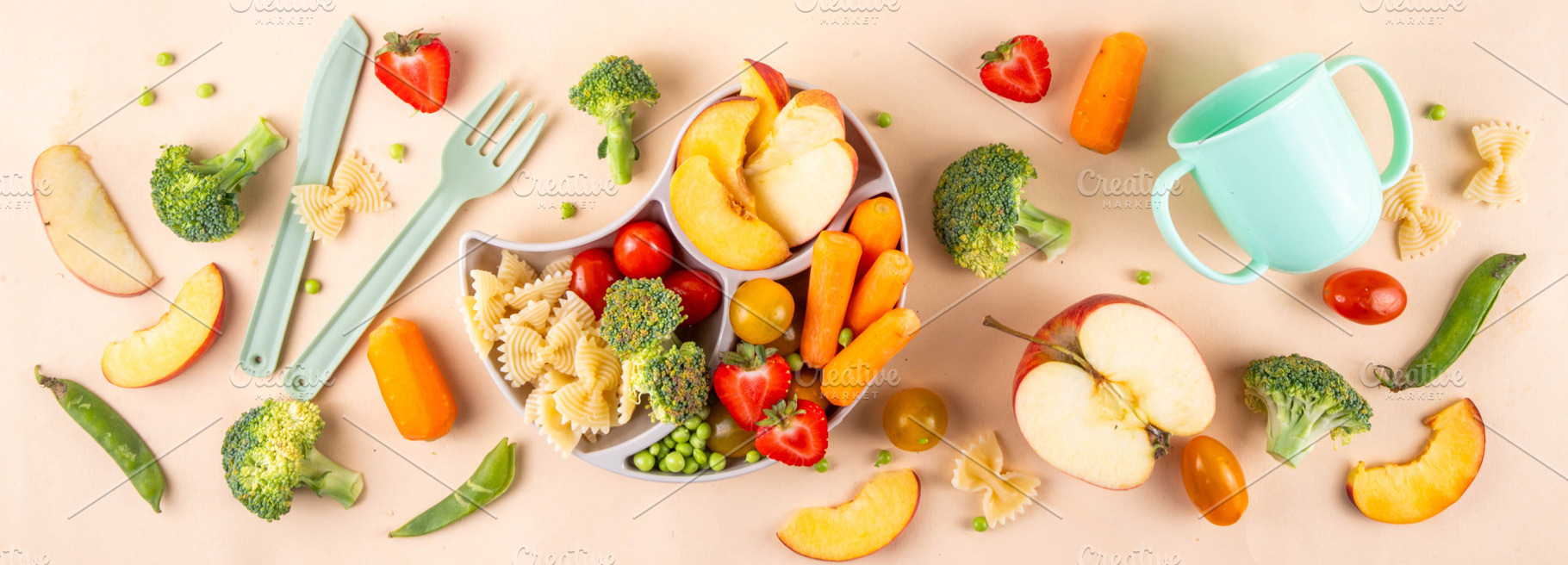 Baby finger food, various baby snacks, pasta, vegetables, fruits, a Food & Drink Photo by Rimma