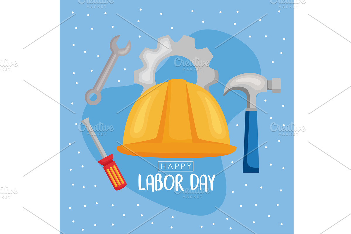 labor day lettering with equipment, an Illustration by studiogstock
