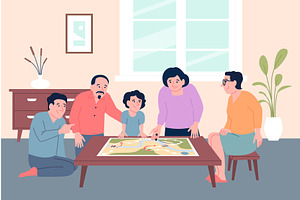 Family playing board games. Home, a Person Illustration by LadadikArt