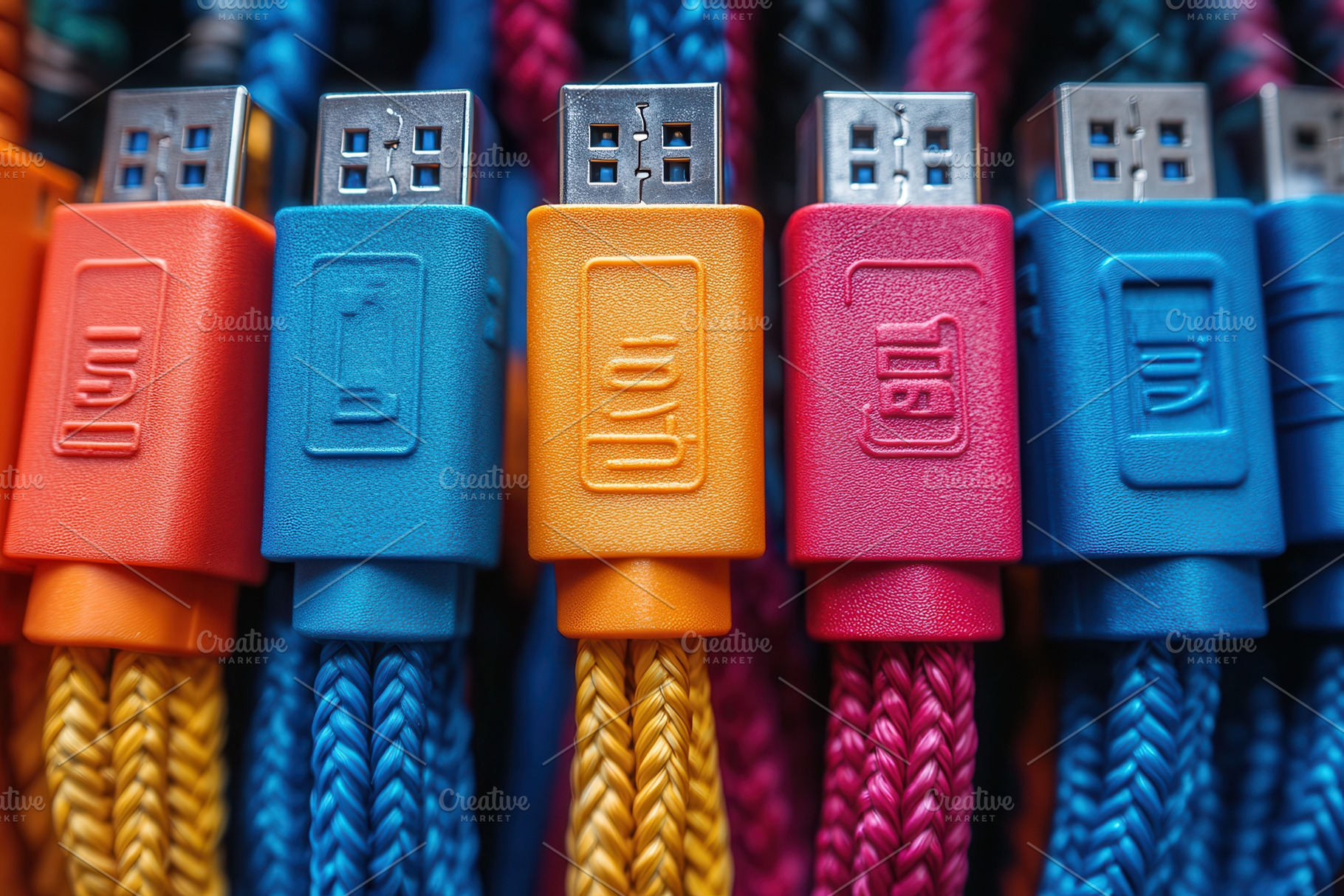 Colorful braided USB cables arranged, a Photo by Tanuart