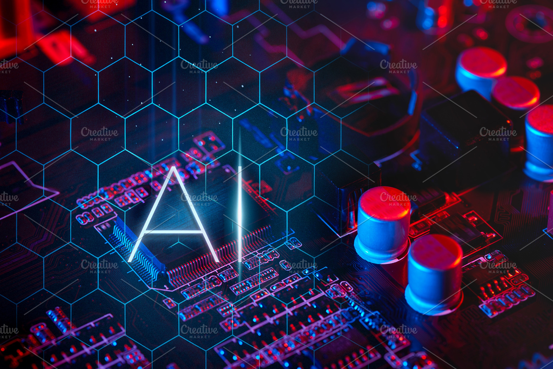 AI Circuitry: Glowing Hexagonal Grid, a Technology Photo by Alliance Images