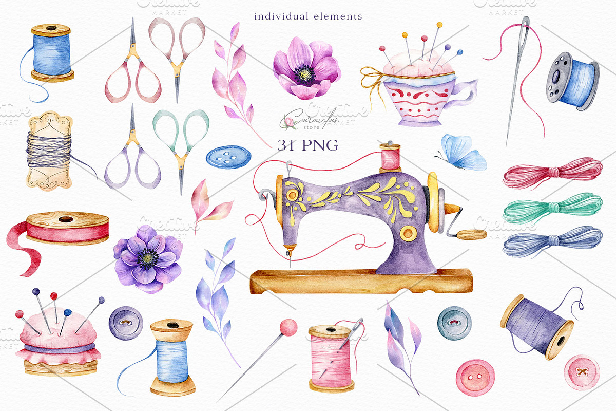 SEWING WATERCOLOR CLIPART, an Illustration by CaraulanStore (Photo 4 of 8)