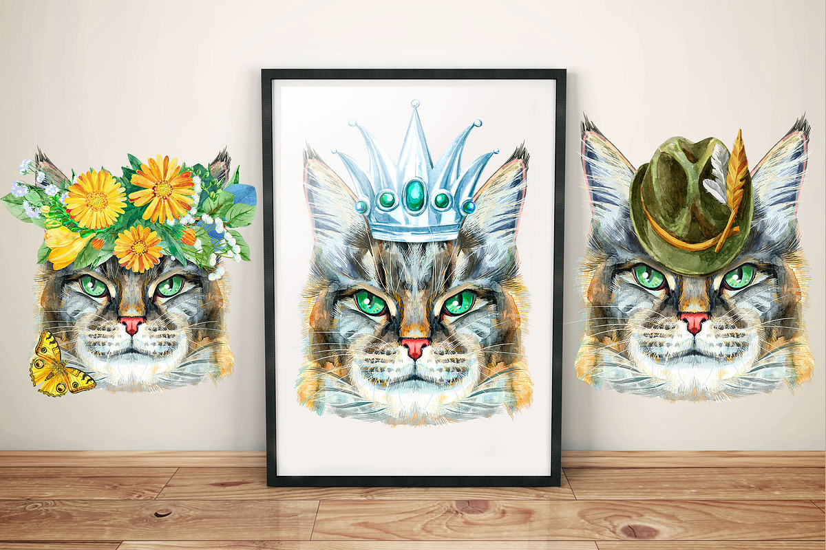 Portraits of Maine Coon cat, an Animal Illustration by Watercolor fantasy (Photo 5 of 6)
