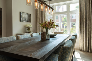 Modern dining room design featuring wooden herringbone table wit, a Photo by Studio ANNA