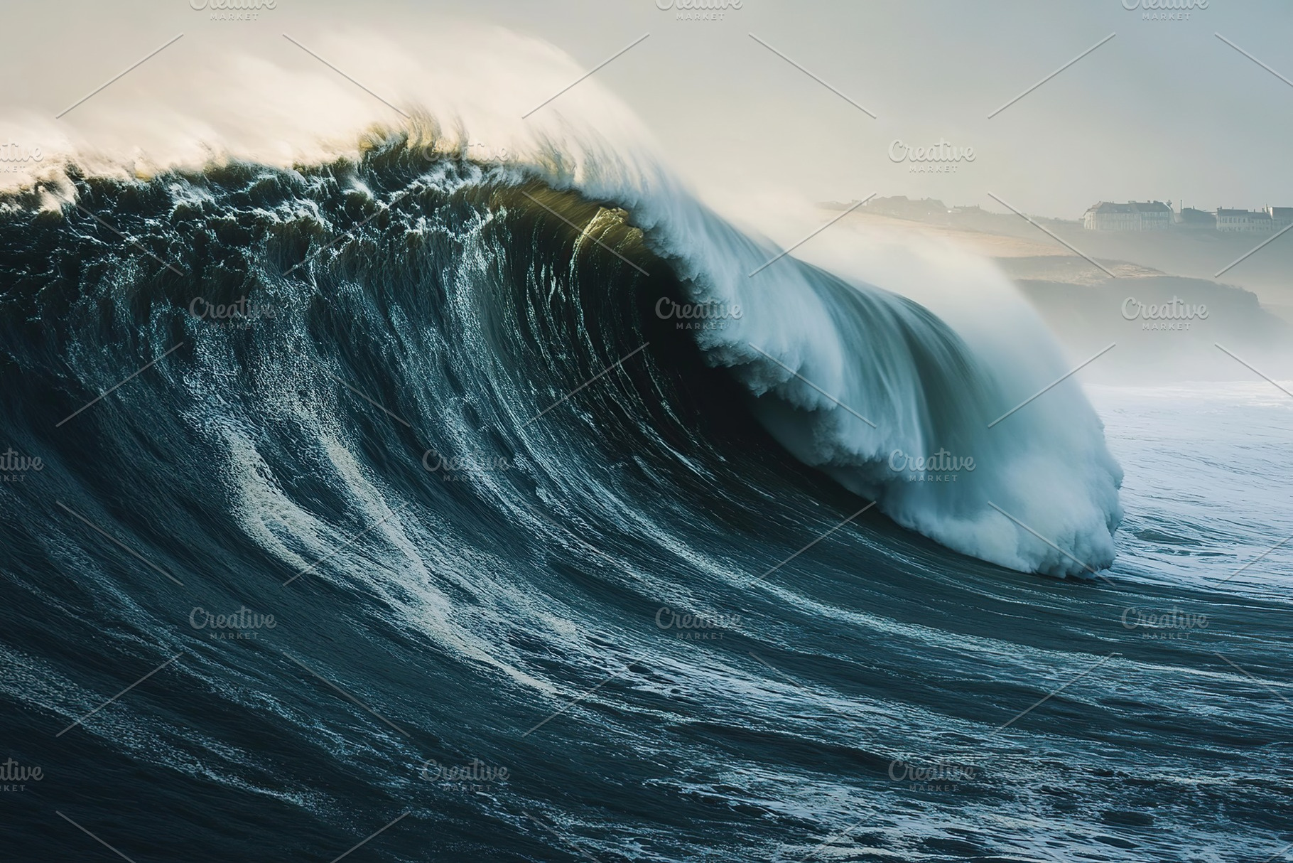 Majestic ocean waves crash powerfully against the shore during a cloudy day, a Nature Photo by AlyaAnd