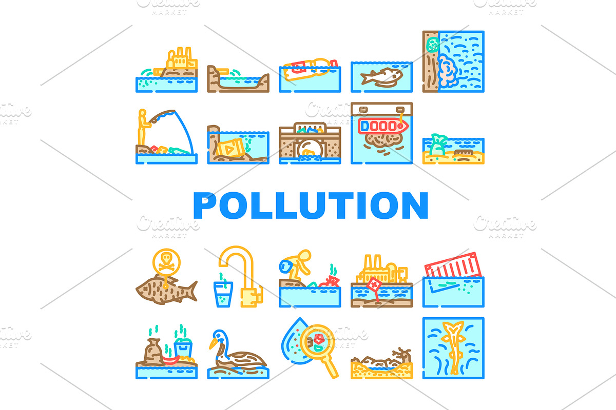 water pollution contamination icons, an Illustration by pikepicture