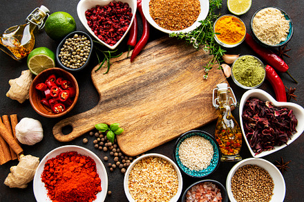 Various spices in a bowls and empty, a Food & Drink Photo by Olena Rudo