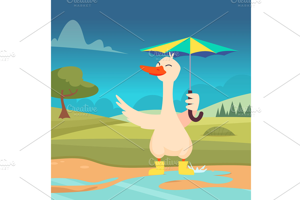 Goose. bird standing with umbrella, an Animal Illustration by Onyx