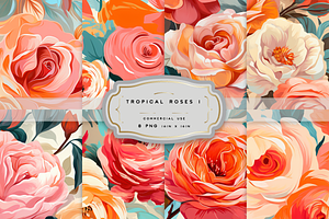 TROPICAL ROSES. Seamless Bundle Of 8