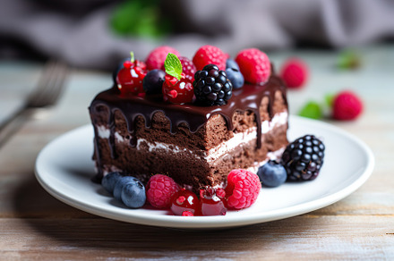 Piece of chocolate cake with fresh berries on wooden table, a Food & Drink Photo by AlyaAnd