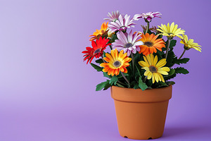 Fresh daisy flowers in pot on purple background, a Nature Photo by AlyaAnd