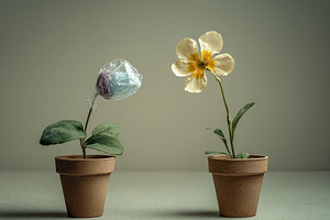 Two potted flowers side by side, one blooming and one wrapped in, an Animal Photo by Ales Munt