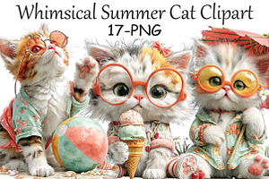 Whimsical Summer Cat Clipart, an Illustration by Libby Wishes