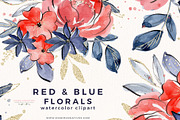 Red Blue Watercolor Floral Clipart, an Illustration by Essem Creatives (Thumbnail 1 of 3)