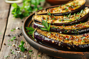 Baked eggplants in plate on wooden table, a Food & Drink Photo by AlyaAnd