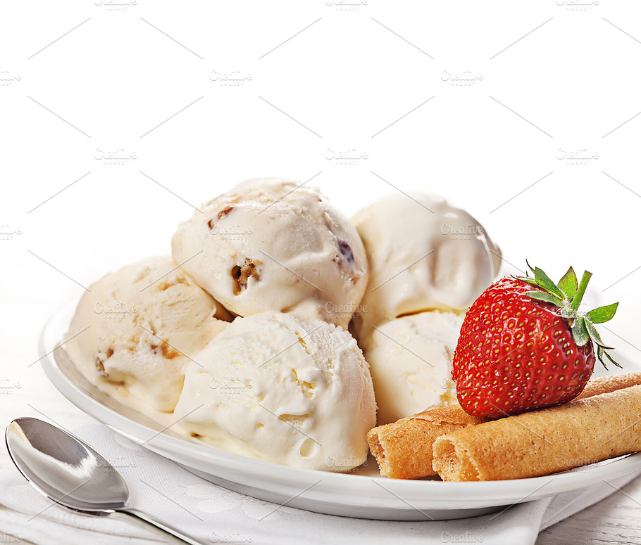 Vanilla Ice Cream With Strawberries Featuring Closeup Cold And Cookie
