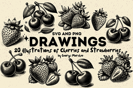 Cherries and Strawberries Drawings, a Food Illustration by Ray Crimson