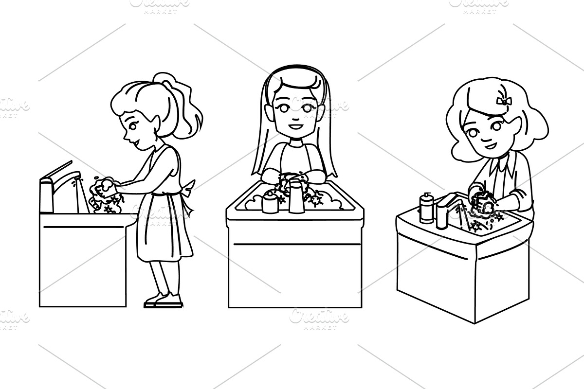wash washing hands kid girl vector, a Person Illustration by pikepicture