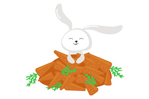 Happy rabbit and carrot heap vector, an Animal Illustration by SiberianArt