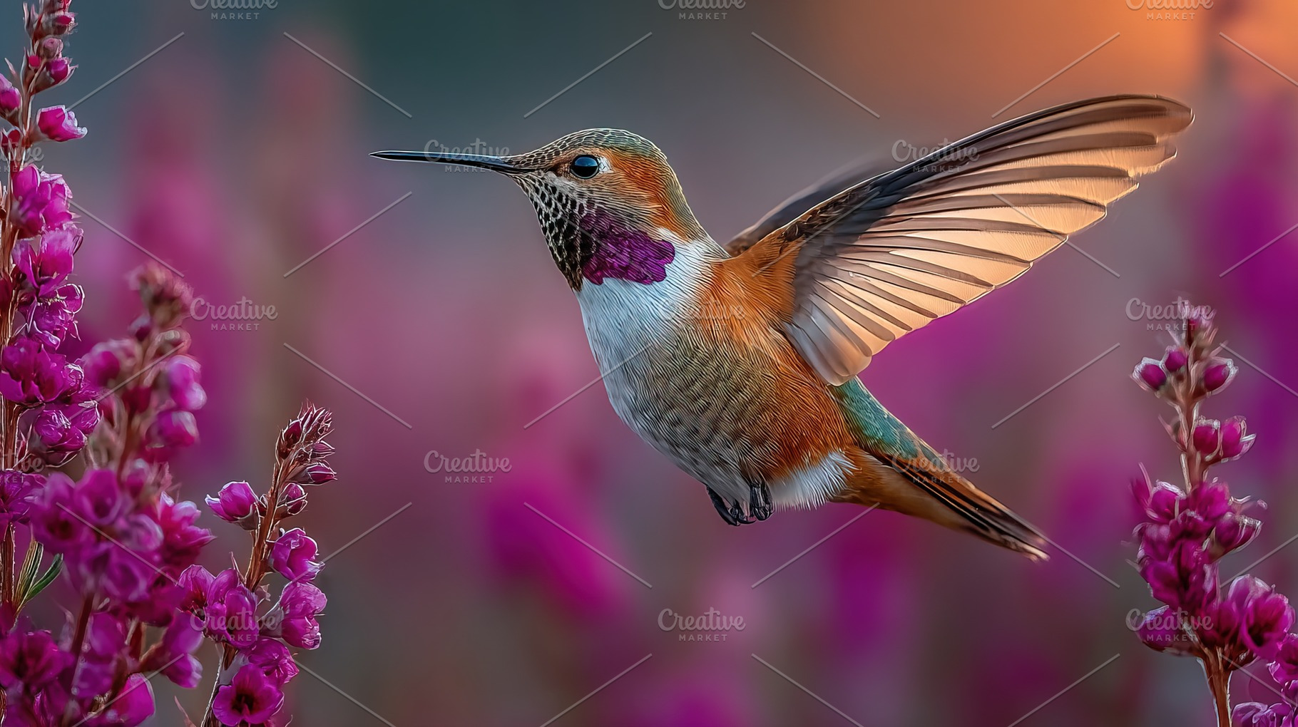 Hummingbird in Flight Among Flowers, an Animal Photo by Ales Munt