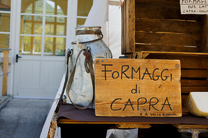 Wooden sign advertising goat cheese for sale, a Food & Drink Photo by Bepslabor