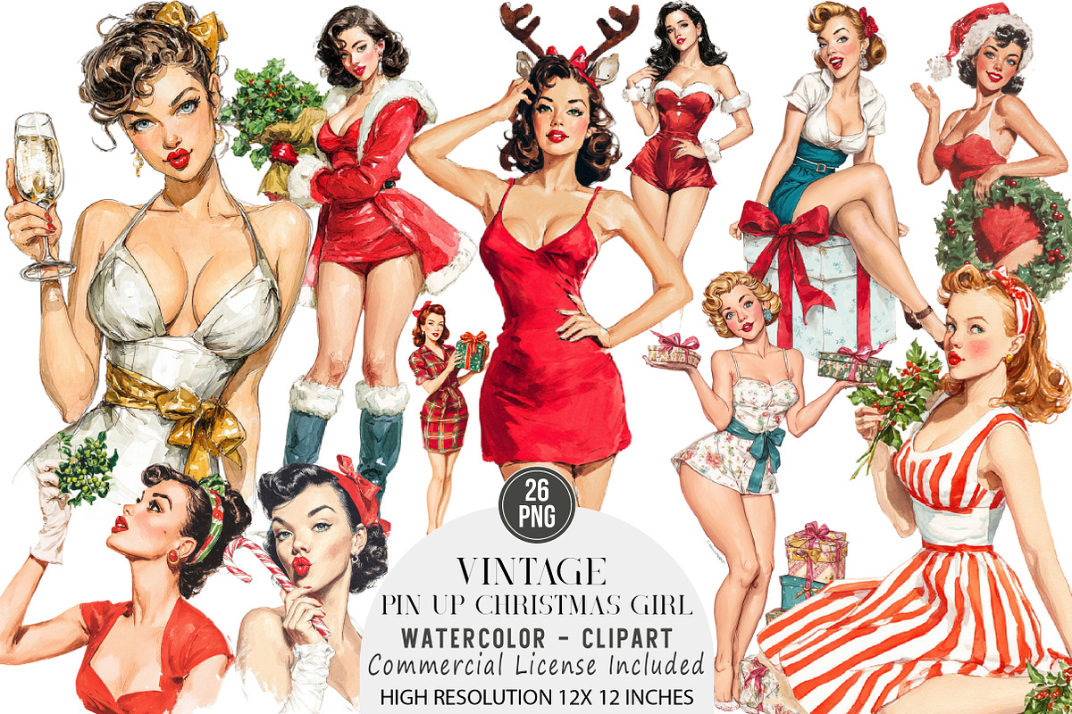 Vintage Pin Up Christmas Girl Clipar, an Illustration by DreamArtGraphic (Photo 1 of 4)