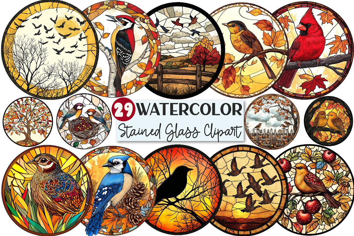 Fall Autumn Bird Stained Glass Clipa, an Illustration by Rose Art (Photo 1 of 7)