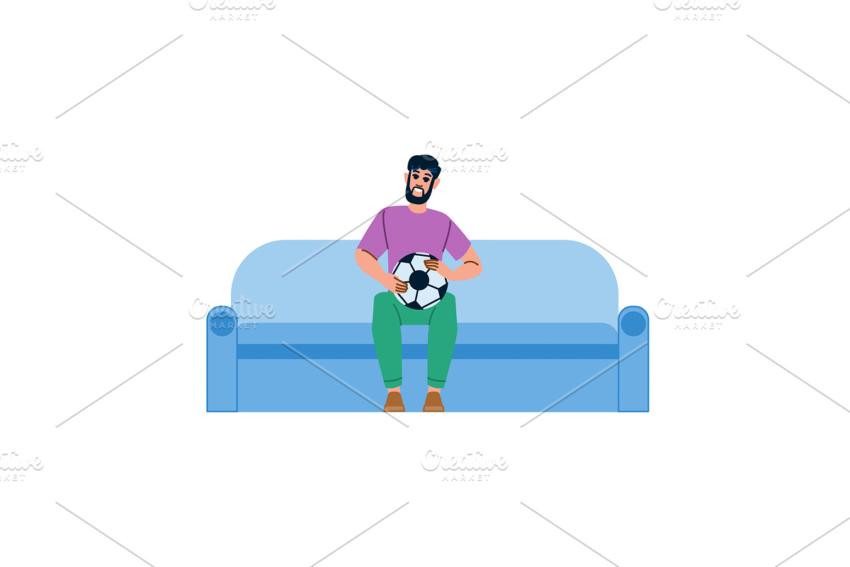 Man sitting on sofa holding soccer, a Sport Illustration by pikepicture