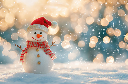 Snowman adorned with a red hat and s, a Photo by Iftikhar Alam