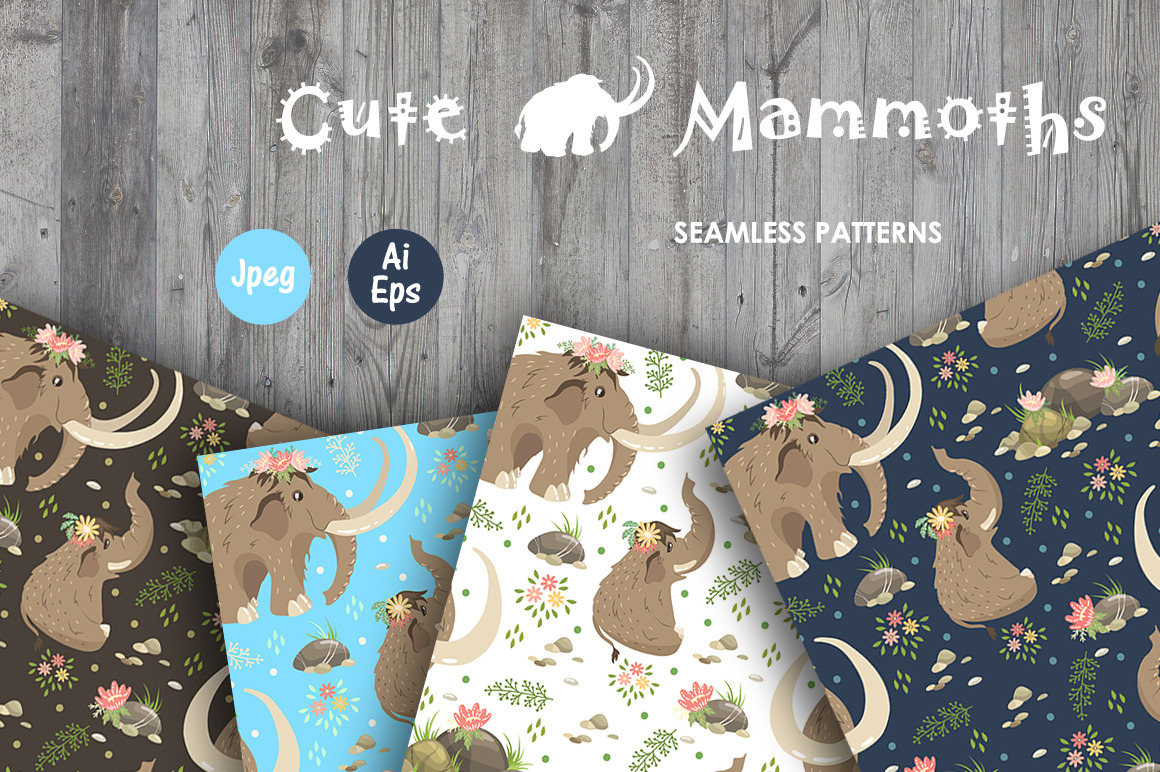 Cute Mammoths. Seamless patterns, a Pattern Graphic by JuliaBadeeva