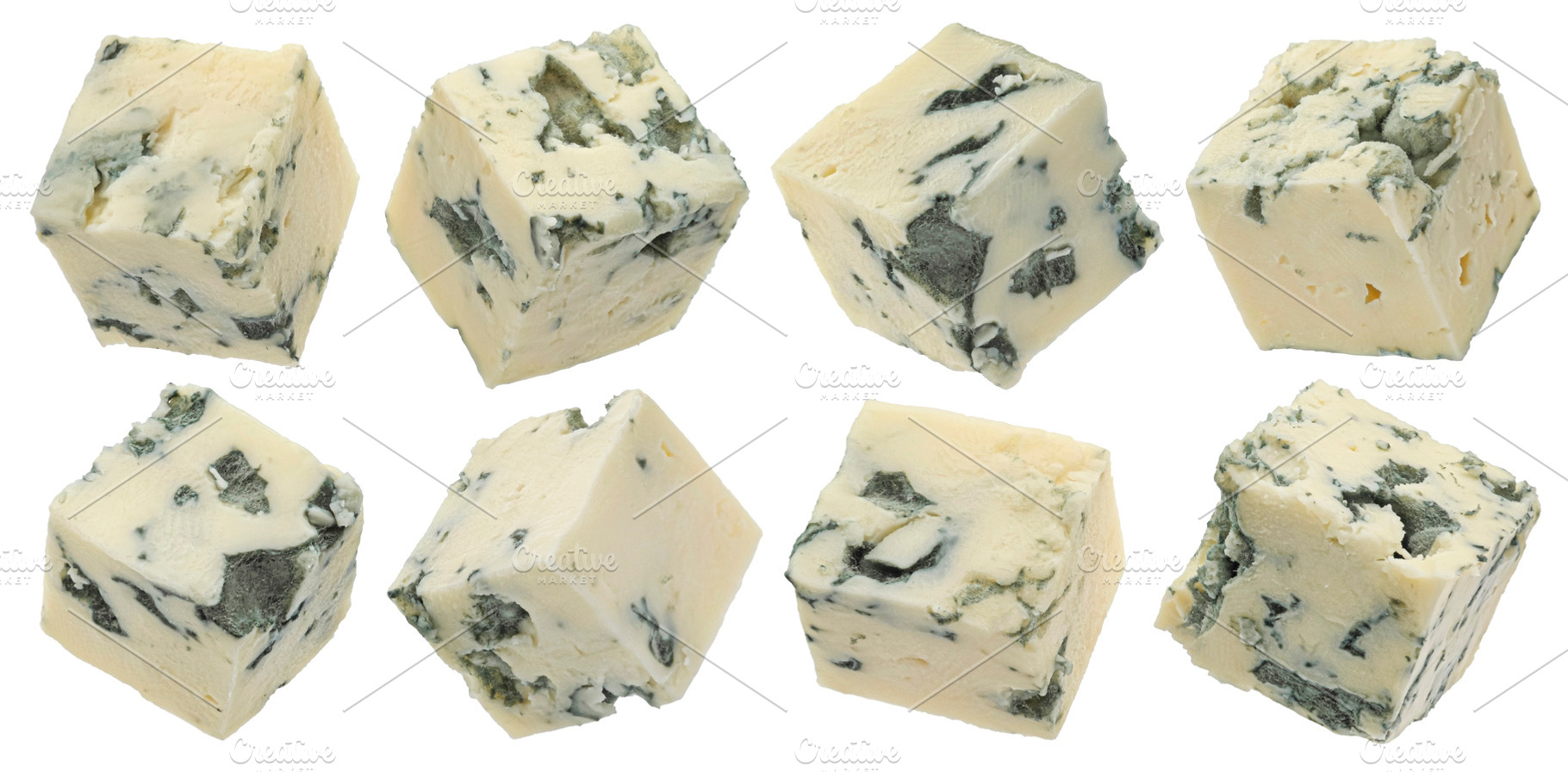 Blue cheese cubes isolated on white, a Food & Drink Photo by Max Lashcheuski
