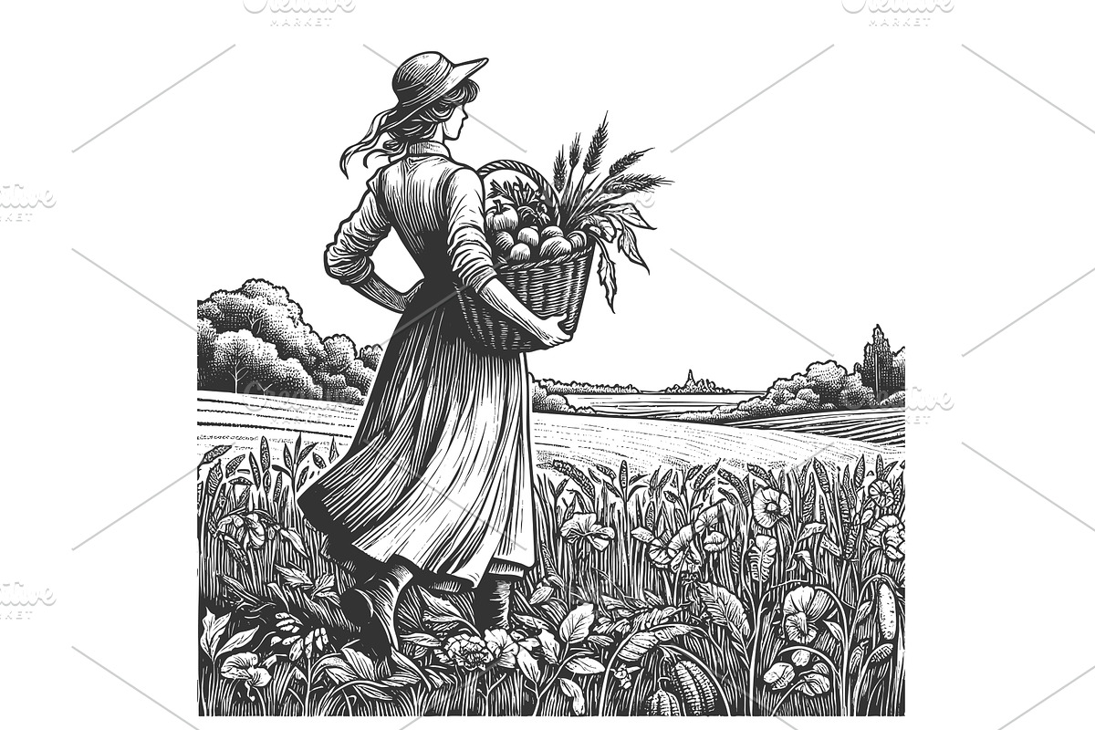 woman harvesting in countryside, an Illustration by AlexArt