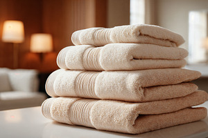 Soft towels neatly arranged in a luxurious hotel room setting, a Holiday Photo by OSORIOartist