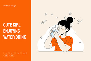 Cute Girl Enjoying Water Drink, a Person Illustration by Partikusi Design