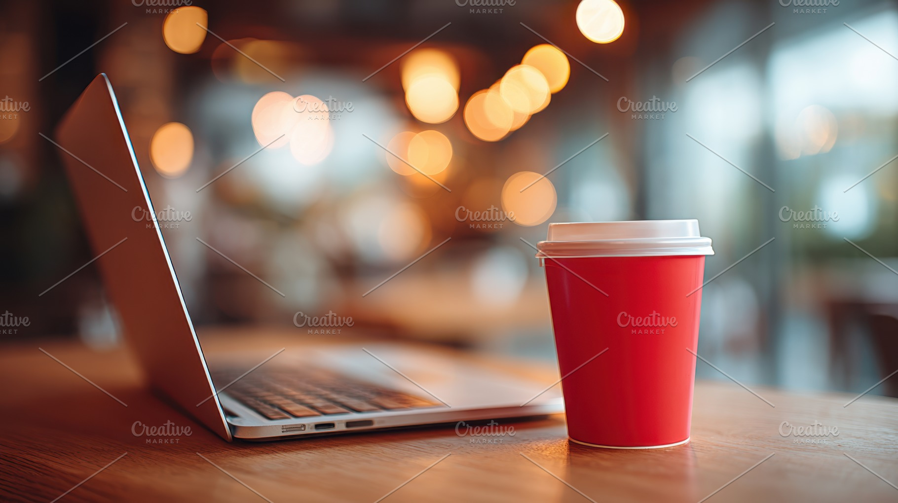 Laptop and red coffee cup on a wooden table, a Food & Drink Photo by AlyaAnd