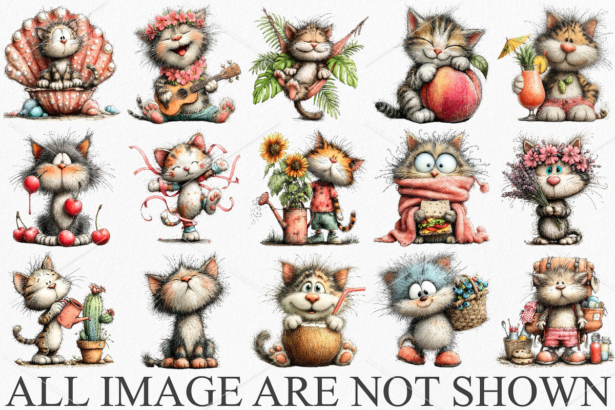 Whimsical Summer Cats Clipart Bundle, an Illustration by Canvas Craft (Photo 4 of 7)