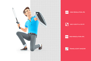 3D Man with Shield and Sword Defendi, a Person Illustration by 3DMask