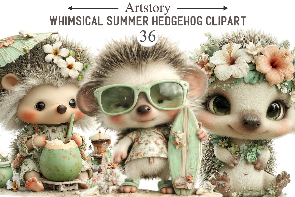 Whimsical Summer Hedgehog Clipart, an Illustration by designcity5 (Photo 1 of 5)