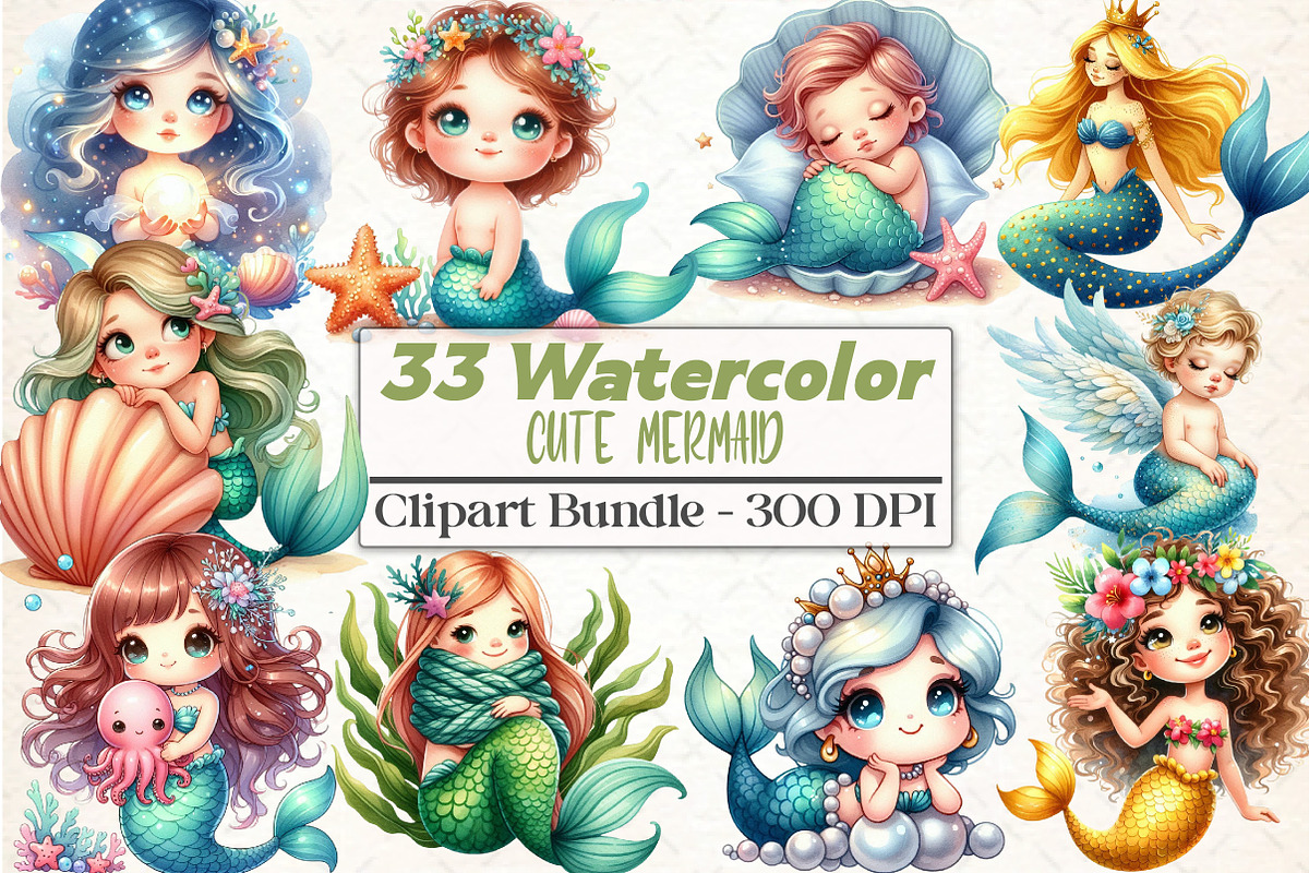 Cute Mermaid Clipart, an Illustration by DreamCafeArt (Photo 1 of 5)