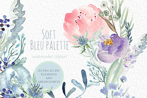 Soft Blue Peonies Watercolor Clipart